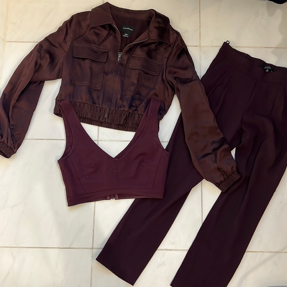 Bundle burgundy color set of crop top, satin jacket and trouser